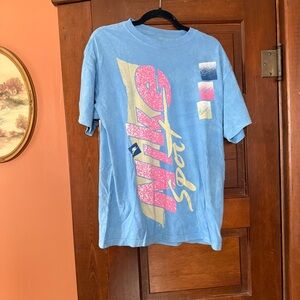 Vintage Nike Blue Tee with Pink and Yellow Graphics